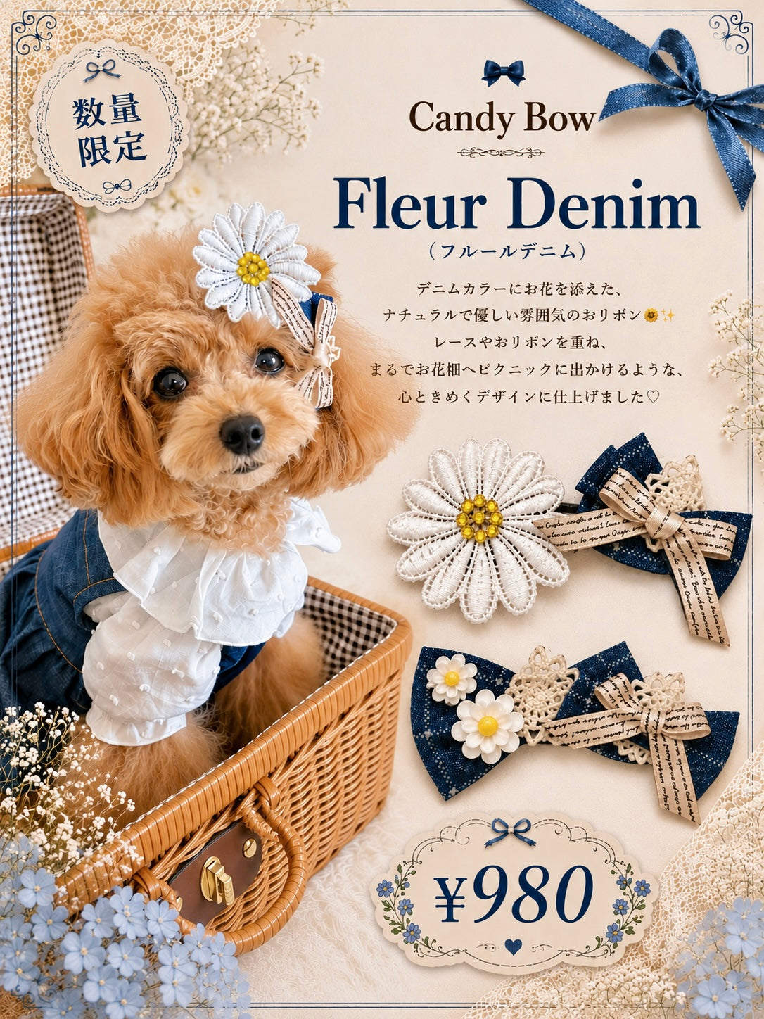 Fleur Denim（フルールデニム）犬用プラバレッタ CandyBowPet